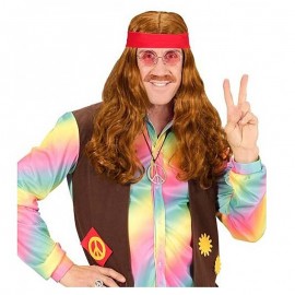 Peluca de hippie con cinta y bigote