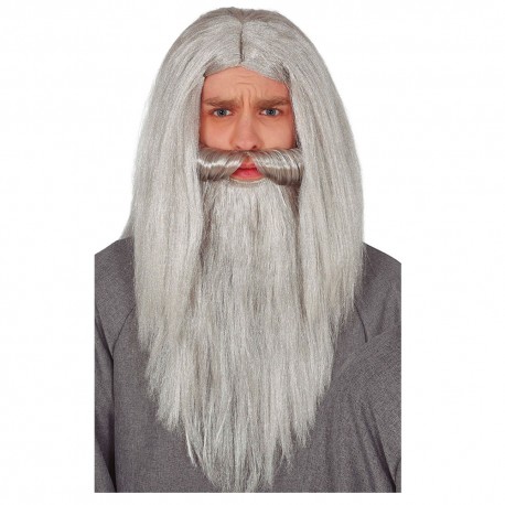 Peluca y barba de mago gris