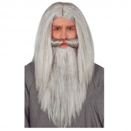 Peluca y barba de mago gris